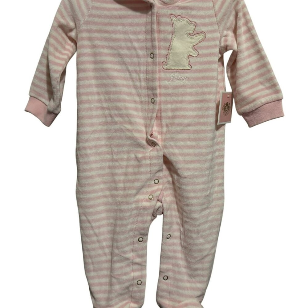 NEW Juicy Couture Baby Girls Pink White Striped Velour Romper w Hood 3-6 Mo